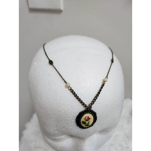 Vintage Filagree Floral Cameo Necklace Victorian Style Boho Jewelry Oval Framed - Picture 2 of 10